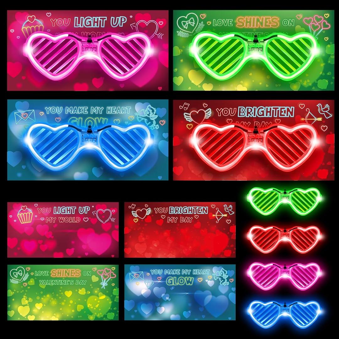 SpringFlower Valentines Day Cards, Valentines Greeting Card with Light Up Glasses,Classroom Valentines Exchange Gifts Valentines Party Favors School Classroom Valentine's Prizes, 24 Pcs Valentines Greeting Cards And 24 Pcs Light Up Glasses Toys