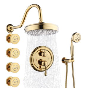 Enga Antique Shower Faucet Sets 8 inch Rainfall Head with Body Jets Handheld Spray Fixtures Combo, Brass 3 Way Diverter Rough in Valve Trim Kit, Bright Gold