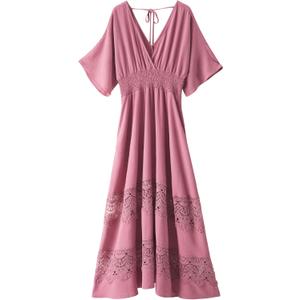 Women's Lace Maxi Dress Short Sleeve V Neck Party Dress Smocked Waist Boho Maxi Dress Bohemian Dress for Women (Large, Pink)