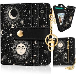 Sun and Moon Rfid Women Wallet, Small Slim Thin Credit Card Wallet, PU Leather Bifold Cash Zipper Coin Pocket ID Window for Female Ladies Teen Girls Girly