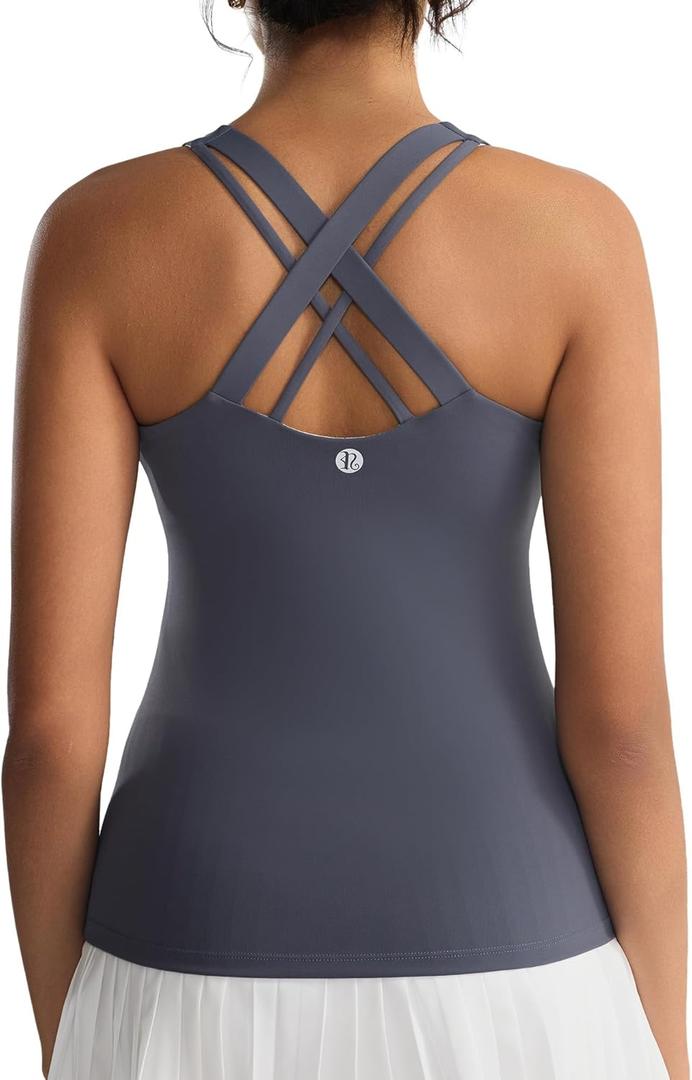 RUNNING GIRL Tank top with Built in Bra for Women,Compression Shirts Crisscross Back Workout Yoga Tops (Gray, M)