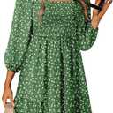 Dokotoo Fall Dresses for Women 2025 Boho Floral Square Neck Smocked 3/4 Sleeve Casual A-Line Swing Mini Dress Sundress (XL)