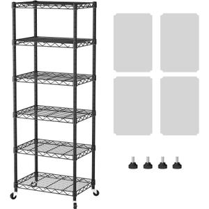 SINGAYE 6 Small Shelf Storage Wire Shelves Closet Bathroom Organizers Metal Pantry Kitchen Garage Shelving Unit Laundry Room Organization Home Narrow Rack Net Basket with Wheels Black, 6Tier/11.5"D X 17.5"W X 61.5"H