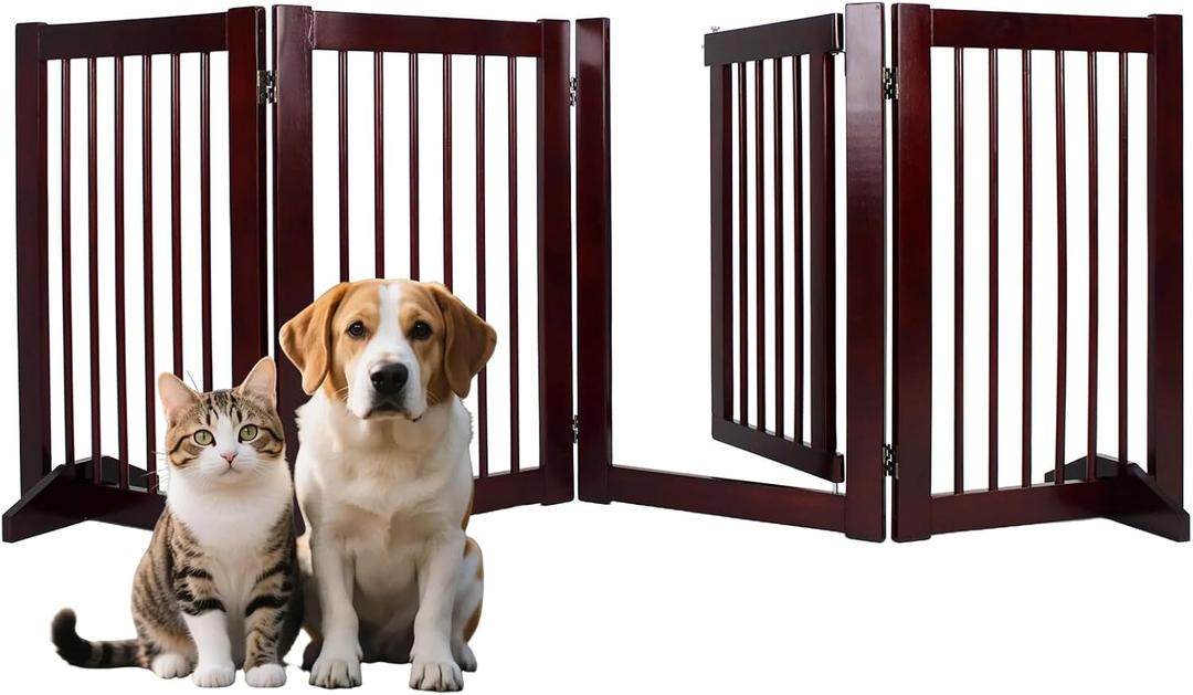 Wooden Free Standing Dog Gate with Door Walk Through, 30 inch 4 Panels Pet Gate for Dogs with 2 Support, Folding Dog Gate Indoor for Stairs, Doorways, Living Room (Brown, 4 Panel - 30")
