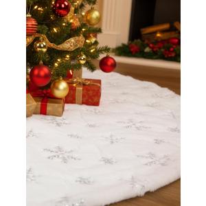 Christmas Tree Skirt 36 Inch for Xmas Tree Holiday Party Decorations, White Plush Silver Sequin Snowflake (Silver)