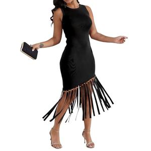 Ryehack Women’s Sexy Bodycon Midi Dress Elegant Sleeveless Asymmetrical Fringe Cocktail Prom Party Dress with Metal Bead Black Size Small