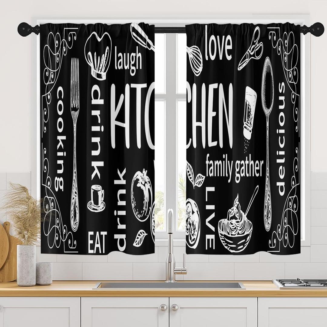 Arttown Black Kitchen Curtains 45 Inch Length White Doodle Window Short Tier Curtains Over Sink Set of 2, Modern Abstract Kitchen Decor 42x45 Inch