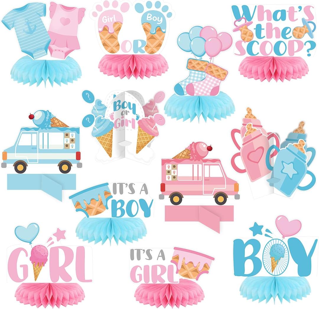 12 Pcs Ice Cream Gender Revel Decoration Honeycomb Centerpiece Whats the Scoop Gender Reveal Decorations Pink Blue He or She Table Topper Table Decor or Baby Shower Birthday Party Favors