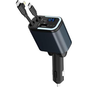 5-in-1 120W 30-Minutes Fast Flash Charging Retractable Car Charger, Wireless Bluetooth FM Transmitter, Type-C+USB-A Car Charger Adapter, Compatible with iPhone 17/16/15/14/13 Pro Max & Android Devices