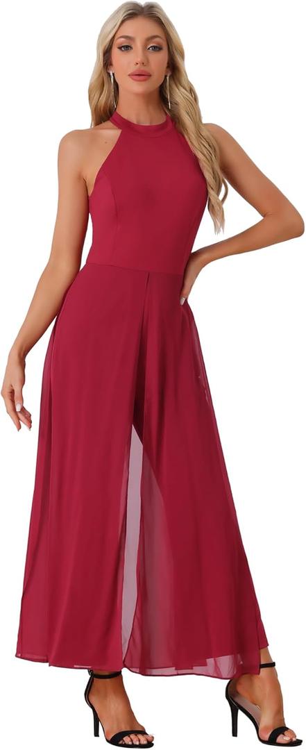 Allegra K Jumpsuit for Women Chiffon Sleeveless Halter Neck Wide Leg 2026 Dressy Casual Jumpsuits (L)