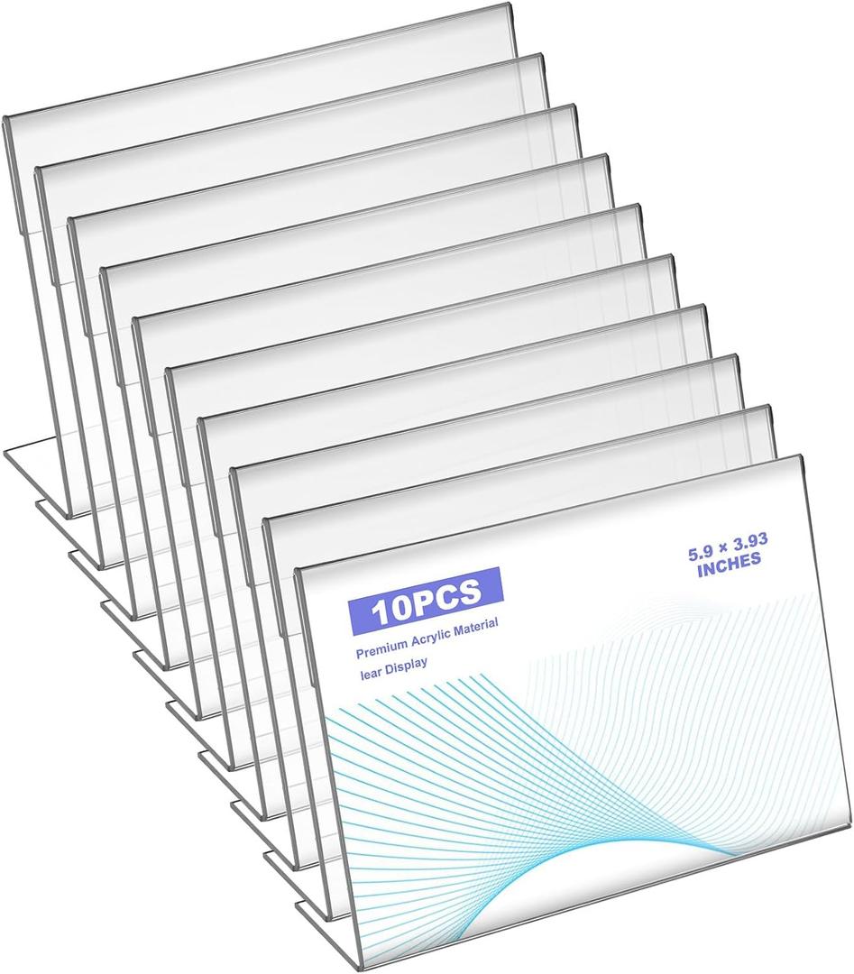 COMNICO 10 Pcs Clear Plastic Acrylic Sign Holder, 4 x 6 Inches Unbreakable Table Sign Holder L Shape Paper Menu Picture Photo Display Stand for Office Desktop School Store Restaurant