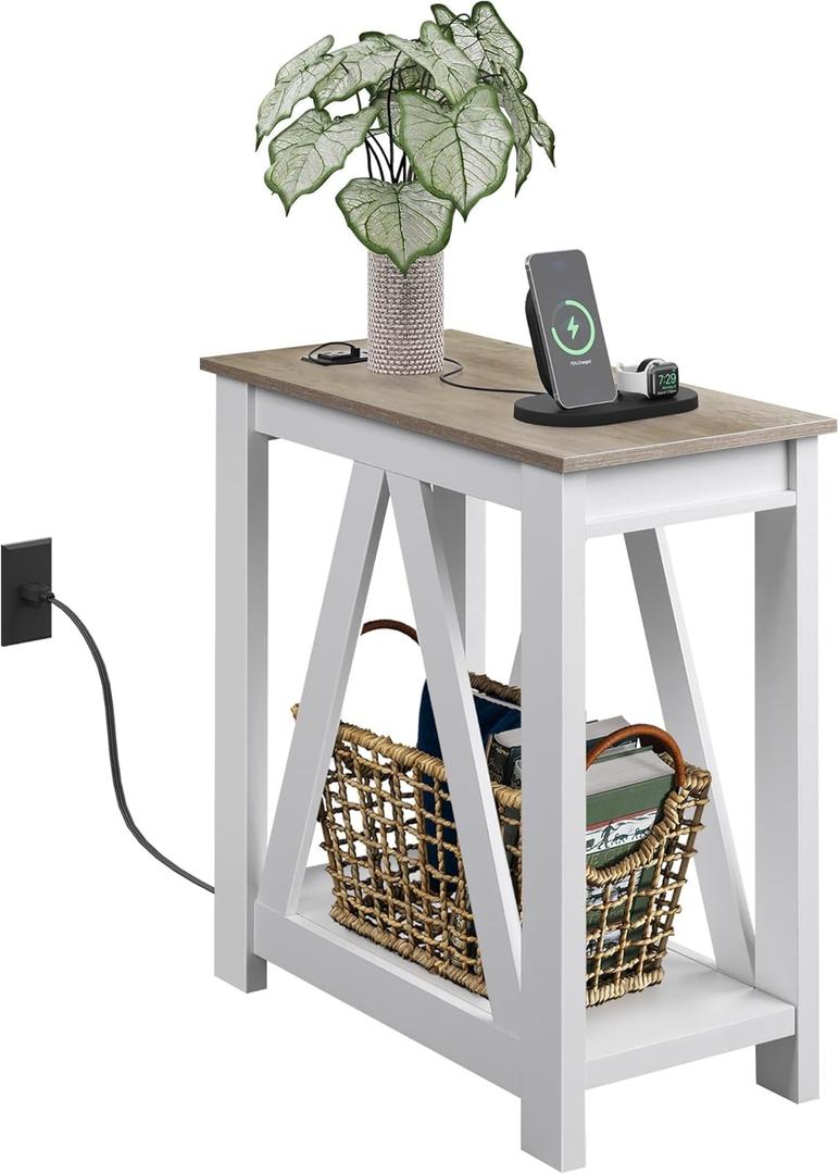 WLIVE Farmhouse End Table, Narrow Side Table with Charging Station, Slim End Table, Side Table for Bedroom, Living Room, Small Spaces, with 2 USB and 2 Power Outlets, 11.8" D x 23.6" W x 23.74" H (Greige)