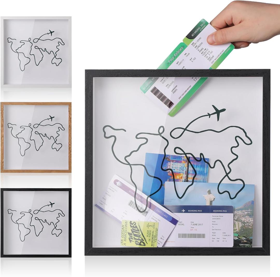 Travel Adventure Archive Shadow Box for Memories,8&12Inch Concert Travel Ticket Stub Memory Top Loading Shadow Keepsake Box with Slot On Top,Life in a Shadow Box Travel Frame (Black, 12x12)