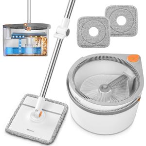 MOPALL Spin Mop and Bucket Set, Dual Chambers Dirty and Clean Water Self Separation for Floor Wall Window, Wet and Dry Mop and Bucket with Wringer Set for Home (1 Square Mop with 2 Microfiber Pads)