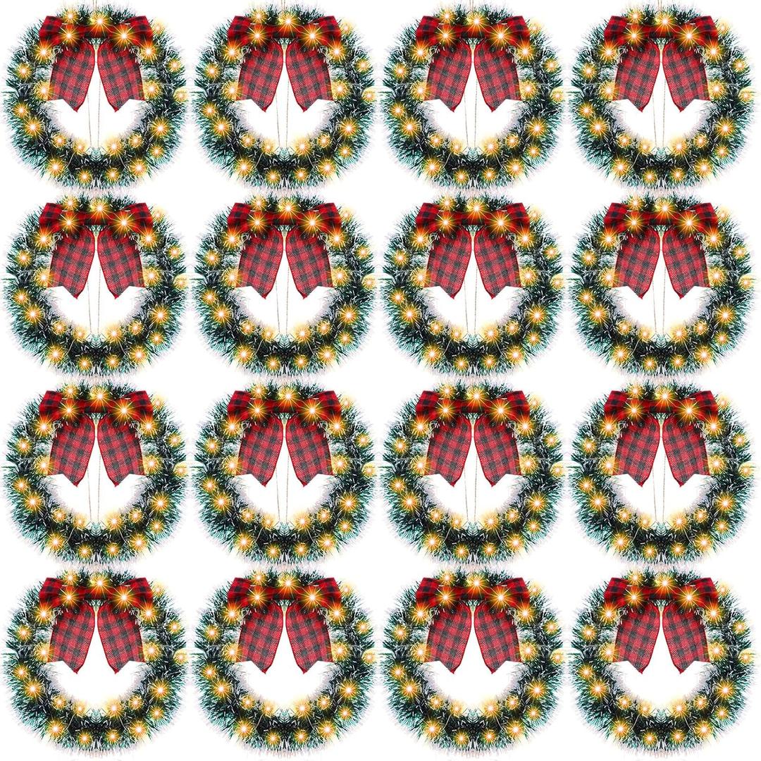 Riceshoot 16 Pcs Christmas Wreath Bulk 12 Inch Outdoor Lighted Artificial Christmas Wreath Front Door Decorations with Bow LED Lights Hemp Rope for Front Door(Red, Black)