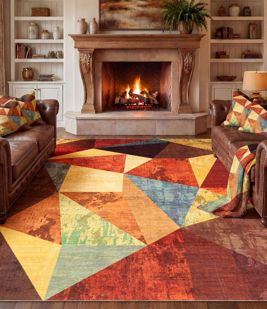 YIHOUSE Brown Area Rug 8x10,Geometric Burnt Orange Area Rug Non Slip,Farmhouse Rugs Washable,Vintage Burgundy Carpets for Bedroom, Boho Rug for Kitchen,Dining Room