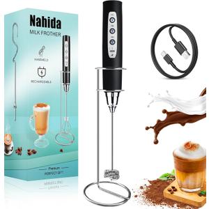 Nahida Milk Frother Wand for Coffee Frother Handheld with Stand Drink Mixer with 3 Heads 3 Speeds Electric Whisk Foam Maker For Latte, Cappuccino, Hot Chocolate - Black