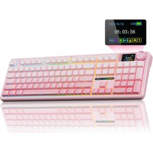 AULA F108 PRO - Wireless Mechanical Keyboard with Screen & Knob,Full Size Keyboard with 8000mAh Battery,Pre-lubed Switches,Side Printed PBT Keycaps,RGB Backlit Hot Swappable Custom Pink Keyboards, Gradient Pink