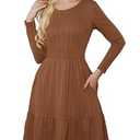 PerZeal Casual Dresses for Women 2025 Long Sleeve Crewneck Spring Rib Knit Flowy Midi Dress Cocktail Party Dresses, Brown, Large