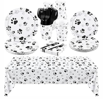 durony 121 Pieces Black Paw Print Party Supplies Dog Birthday Tablecloth, Plates, Napkins, Forks and Paper Cups Decorations for Puppy Theme Party Supplies, Black/White