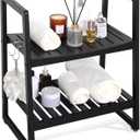 VVW 21.6 Inch Bamboo Shower Bench Seat Chair Stool with Arms for Inside Shower, Heavy Duty Spa Bath Chair with 2 Movable Hooks, Non-Slip Feet for Bathroom Accessories (Black)