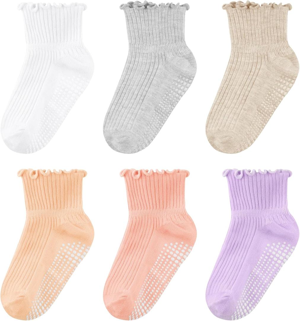 Cooraby 6 Pairs Toddler Ruffle Socks with Anti Slip Frilly Cute Cotton Dress Socks for Baby Girls 6M-6Y (1-2T, Mixed Colors 1)