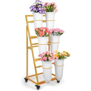 Flower Display Stand With 6 Buckets,Flower Bar with Wheels,Flower Cart Display Stand for Florist Garden Wedding Home Decor (Gold)