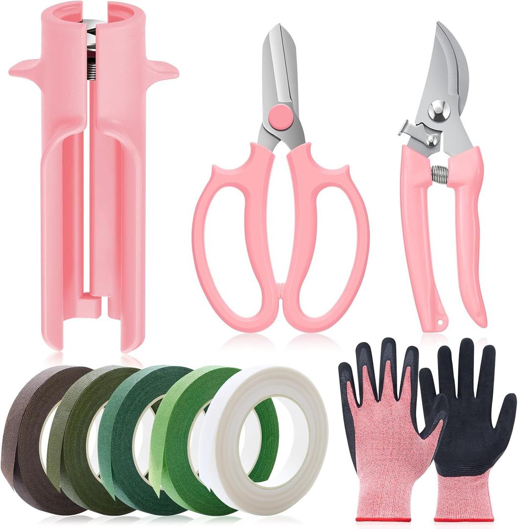 9 Pcs Rose Thorn Remover Set Include 1 Flower Thorn Stripper Tool 5 Floral Tape 1 Flower Scissor 1 Curve Gardening Scissors 1 Pair Gardening Gloves for Valentine Women Mother Gift (Pink)