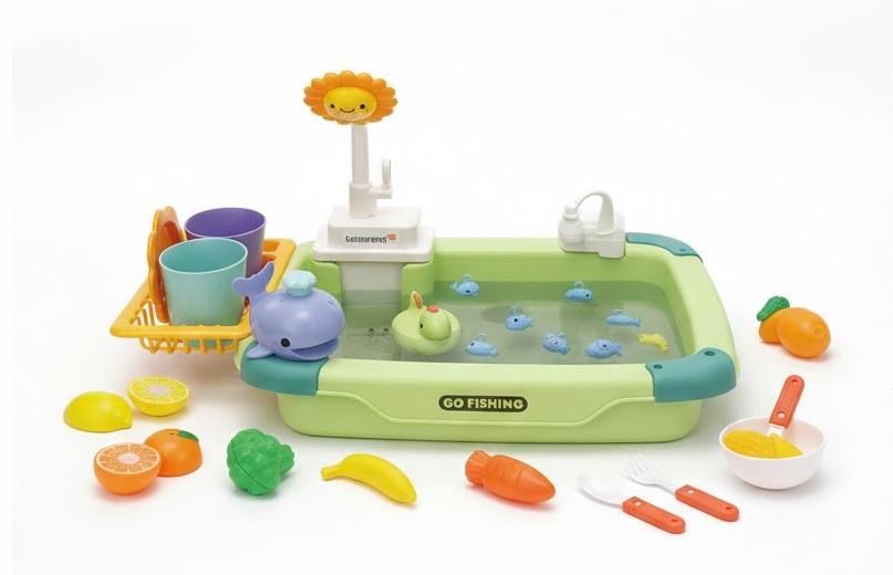 CUTE STONE Play Sink with Running Water, Kitchen Sink Toys with Upgraded Electric Faucet, Play Kitchen Toy Accessories, Pool Floating Fishing Toys for Water Play, Kids Role Play Dishwasher Toy