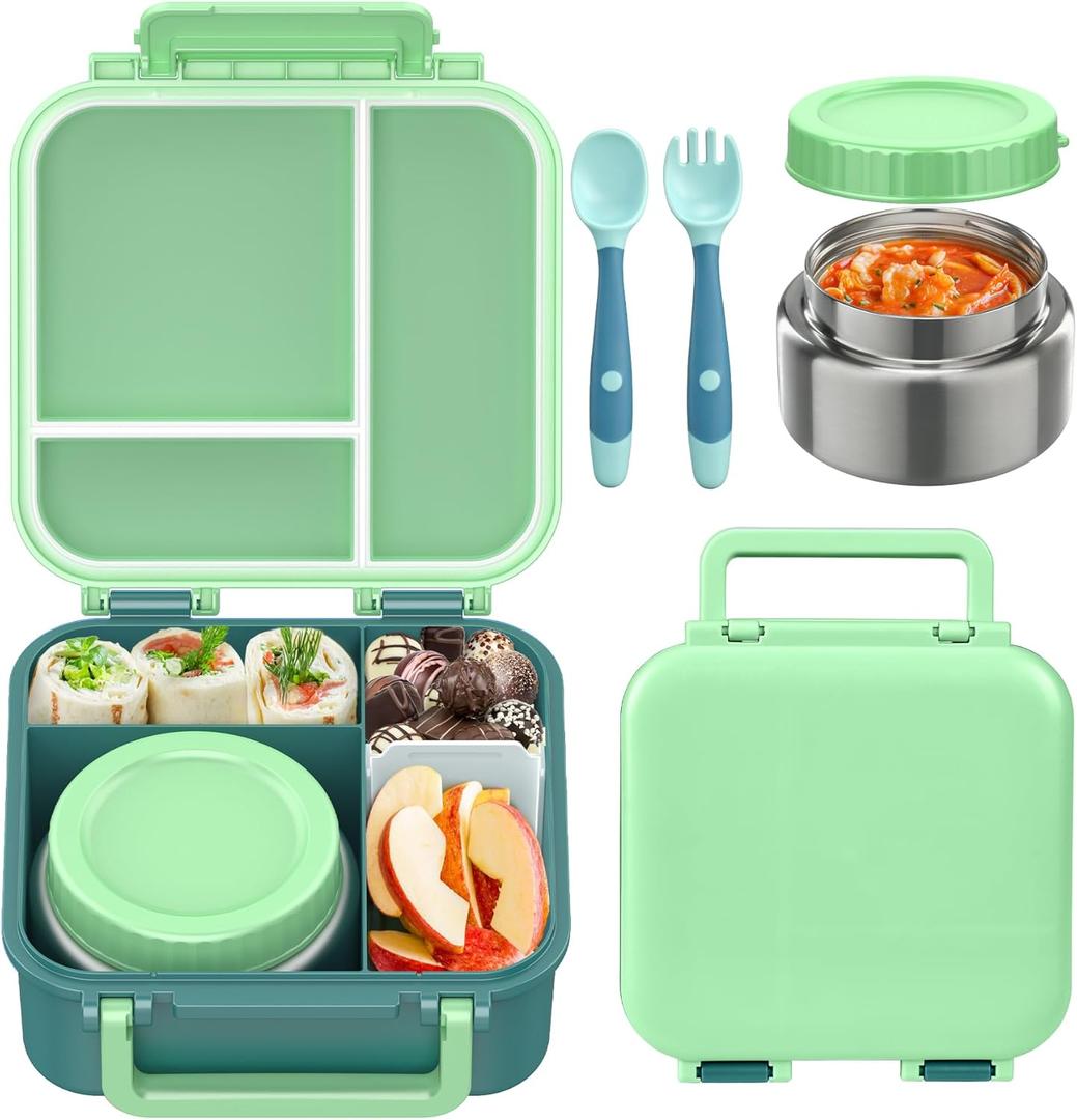 Bento Box for Kids with Soup Thermos(9oz) Kid Bento Lunch Box with Leak Proof Insulated Food Jar, Hot & Cold Lunch Container Set for School Girls Boys, 4-Compartments, Dishwasher Safe, Green