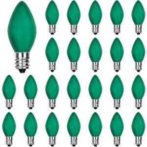 25 Pack C7 Replacement Christmas Light Bulb, Christmas Green Replacemen Bulb C7/E12 Base for Outdoor String Lights Window Candles Chandeliers Salt Lamp, 5 Watt