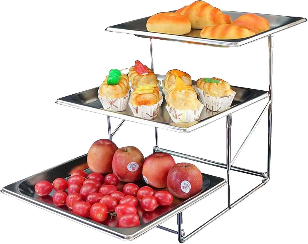 High-Capacity 3 Tiered Serving Trays Platters with Cover Stainless Steel Dessert Cupcake Table Display Stands Food Snake Fruit Catering Supplies Buffet Display Set (A1, 2cm Depth Platter)