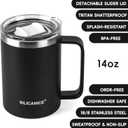 14 / 24oz Insulated Coffee Mug With Handle, Break & Scratch Resistant lid With Detachable Slider, Stainless Steel Vacuum Insulation Tumbler, BPA Free - Thoughtful Gift - Thoughtful Gift - Black