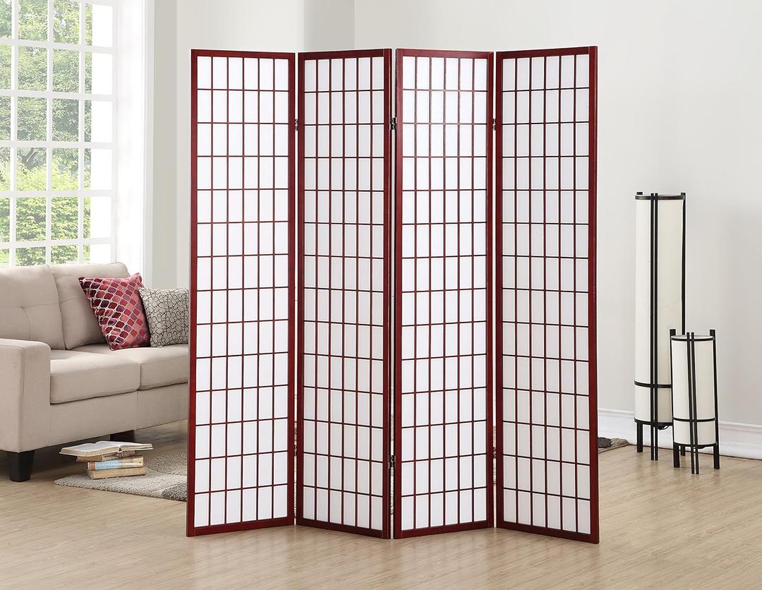 Roundhill Furniture Oriental Shoji 4 Panel Screen Room Divider, Cherry