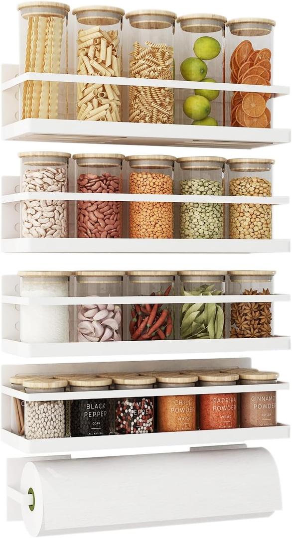 Magnetic Spice Rack for Refrigerator Magnetic Fridge Shelf for Kitchen Spice Organizer Magnetic Shelf for Fridge Space Saving White 4 Pack with Magnetic Paper Towel Holder