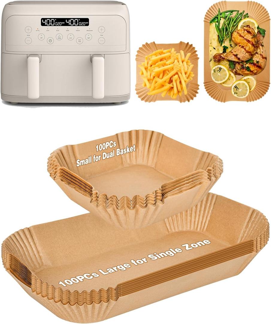 200PCs Air Fryer Paper Liners for Bella 4 QT TriZone Airfryer,100PCs Large for Single Zone, 100PCs Small for Dual Basket, Nonstick Disposable Parchment Paper Baking Inserts Accessories, Free of Bleach