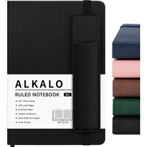 3 x Lined Journal Notebook for Work, A5 Stripe Leather Notebook with Polyester Pen Sleeve, 100GSM/160 Pages Thick Paper, Daily Journals for Writing, School, Note Taking, Business, Travel, College Ruled (Black)