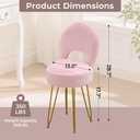 Faux Fur Pink Small Vanity Chair & Stool - 13" Dx13 W Folding Back Storage Ottoman, Anti-Slip Golden V-Leg for Bedroom Makeup Room