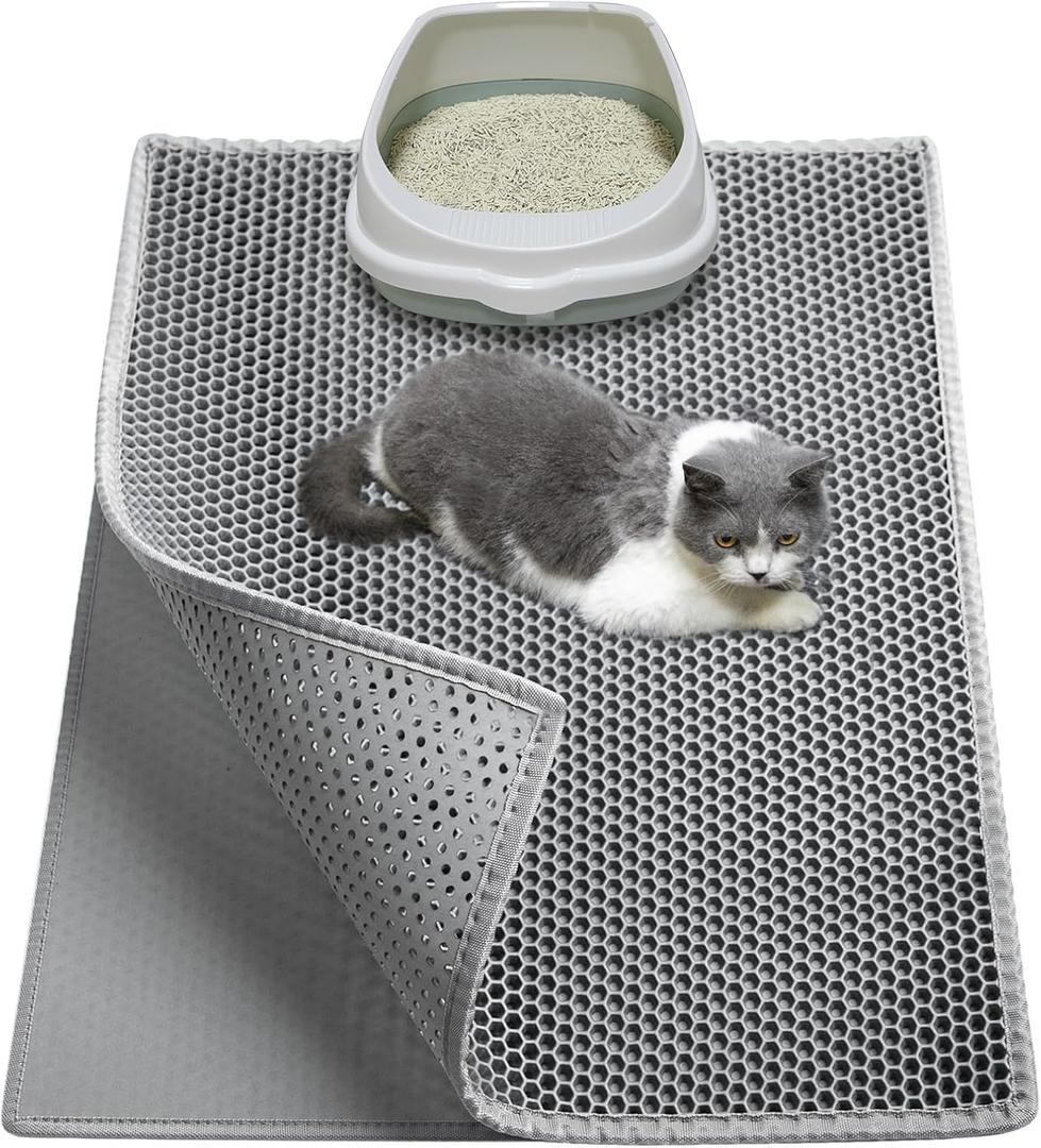 Cat Litter Box Mat, Large 30" X 24" EVA Litter Trapping Mat, Double Layer Honeycomb Holes Scatter Control, Gray