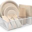 Metal Paper Plate Holder - Utensil Silverware Caddy for Kitchen Counter Cabinet Cutlery Flatware Organizer Storage Dispenser Box for Plastic Spoon Fork Plates Napkins Cup Party Camping White