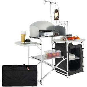 VEVOR Camping Kitchen Table, Folding Outdoor Cooking Table with Storage Carrying Bag, Aluminum Cook Station 1 Cupboard & Detachable Windscreen, Quick Set-up for Picnics, BBQ, RV Traveling, Black