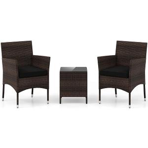 DORTALA 3 Piece Wicker Patio Furniture Set, PE Rattan Outdoor Conversation Set with 2 Chairs, Tempered Glass Top Table for Backyard Porch Poolside, Black