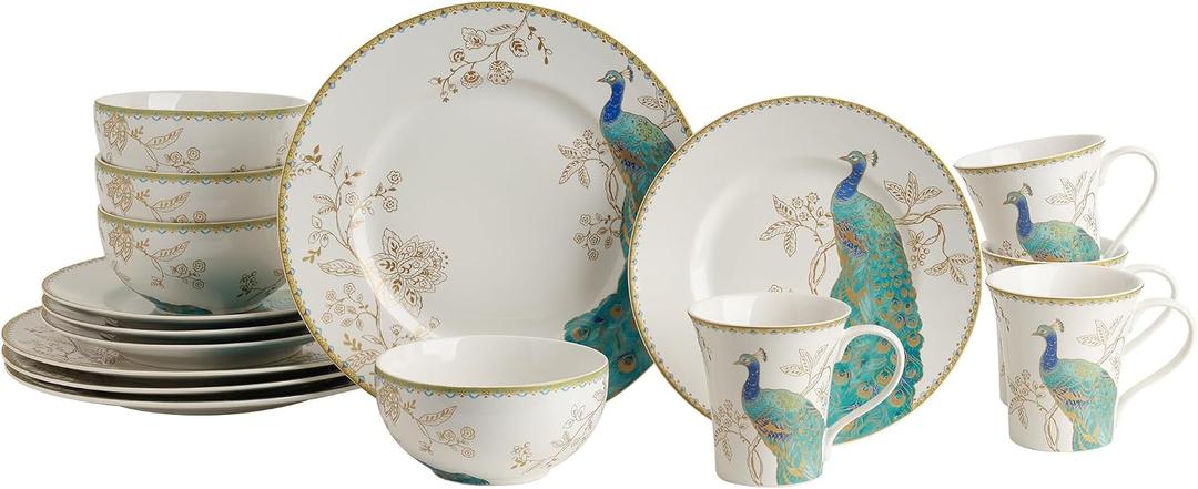 222 Fifth 16-Piece Porcelain Dinnerware Set for 4, Elegant Plates and Bowls Sets-White, Teal, Gold Ceramic Dishes, Chip Proof Kitchen and Dining Dish Set, Microwave & Dishwasher Safe, Peacock Garden