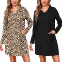 Marvmys Women Long Sleeve Nightgowns Comfy V Neck Nightshirts 2 Pack Sleep Shirts with Pockets Sleepwear S-3XL (XX-Large, Black&brown Leopard)