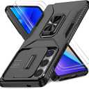 2 x Case for Samsung Galaxy S25 Ultra with Slide Camera Cover+Screen Protector(2 Packs), Military Grade Shockproof Protective Cover, Rotated Ring Kickstand(A - Black)