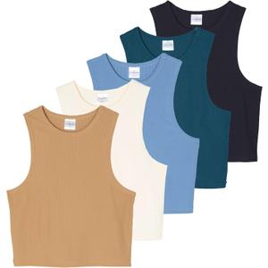 Real Essentials 5 Pack: Womens Ribbed Crop Tank Tops Sleeveless Racerback Workout, Yoga, Athletic & Casual Shirts (Medium, Set 6)