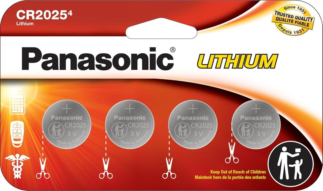 4 x Panasonic CR2025 3.0 Volt Long Lasting Lithium Coin Cell Batteries in Child Resistant, Standards Based Packaging, 4 Pack