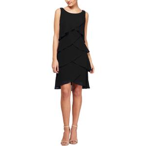 S.L. Fashions Women's Chiffon Tiered Cocktail Dress, Summer, Perfect for Casual & Formal Occasions (Petite and Regular Sizes), Black Tulip, 6P