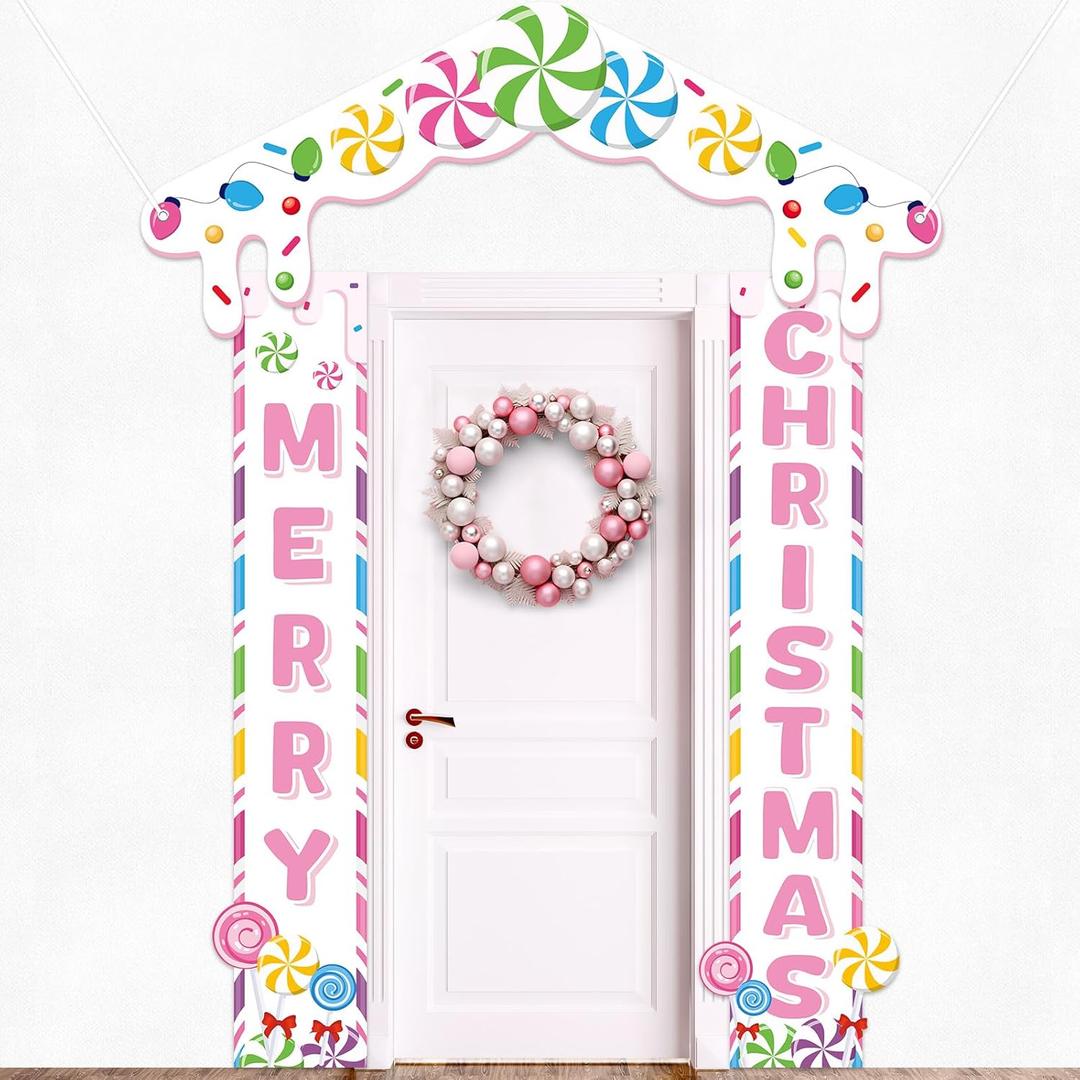 Merry Christmas Candy Door Banner Xmas Party Porch Banner Backdrop Christmas Candy Porch Banner Signs Candyland Party Hanging Backdrop Decorations for Winter Holiday Indoor Outdoor Hanging Supplies