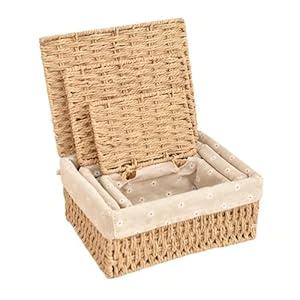 Handwoven Khaki Paper Rope Storage Basket with Lid – Small Neutral Woven Organizer Box with Metal Frame & Removable Liner for Desk, Vanity, Bathroom & Closet Drawers